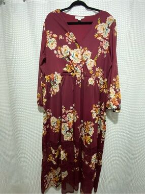 Floral Surplice Maxi Dress in Burgundy